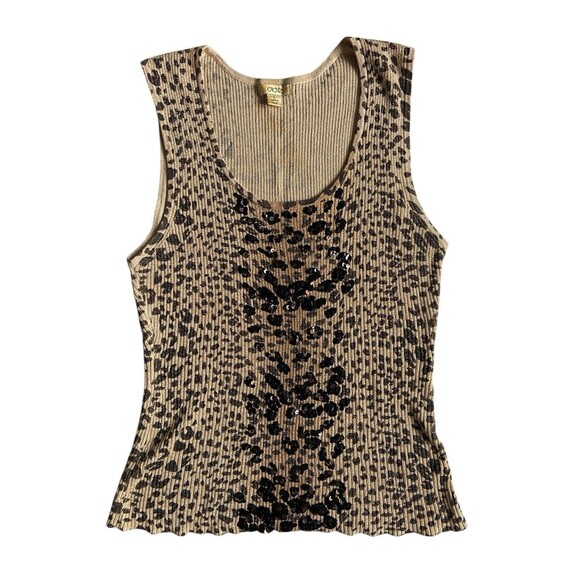 Vintage Y2K Cache Leopard Sequin Tank Top Size L Metallic Ribbed Glam Mob Wife - Picture 9 of 11